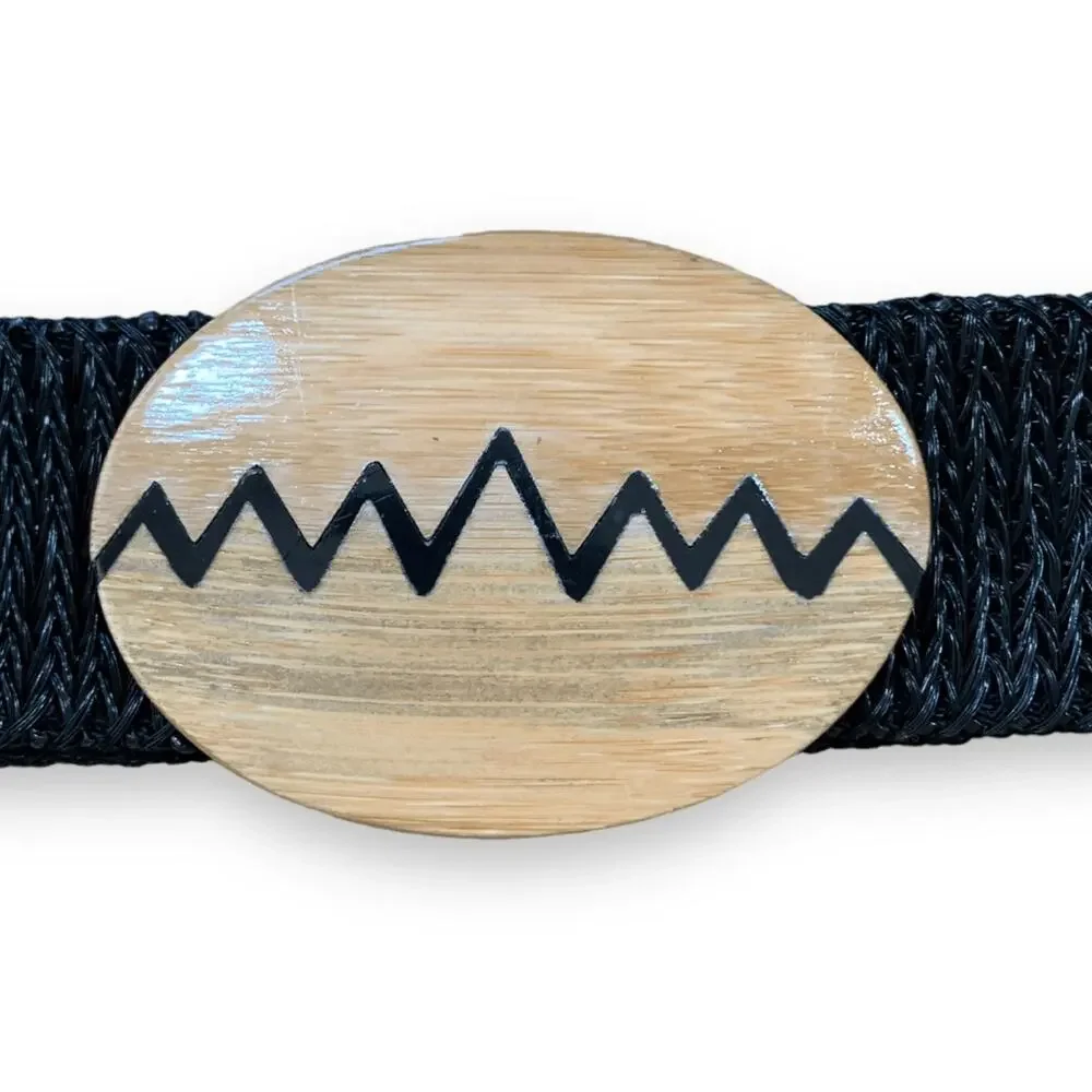 Vintage Black Woven Stretch Belt Wood Buckle Zig Zag Boho Western Festival